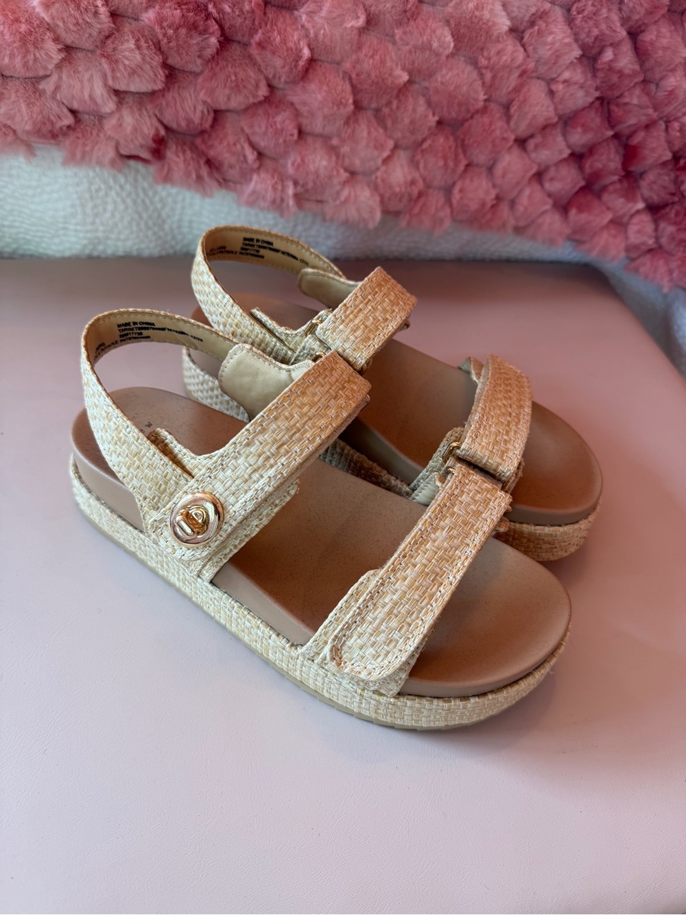 a new day Beige Straw-Texture Women's Hook & Loop Sandals